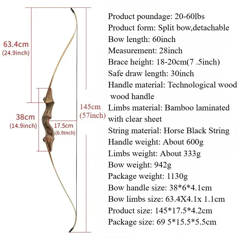 1PC 60 Inch Recurve Bow 20-60lbs Bamboo Core Limbs Wooden Riser Split Takedown Bow RH for Arrow Shooting Hunting Target
