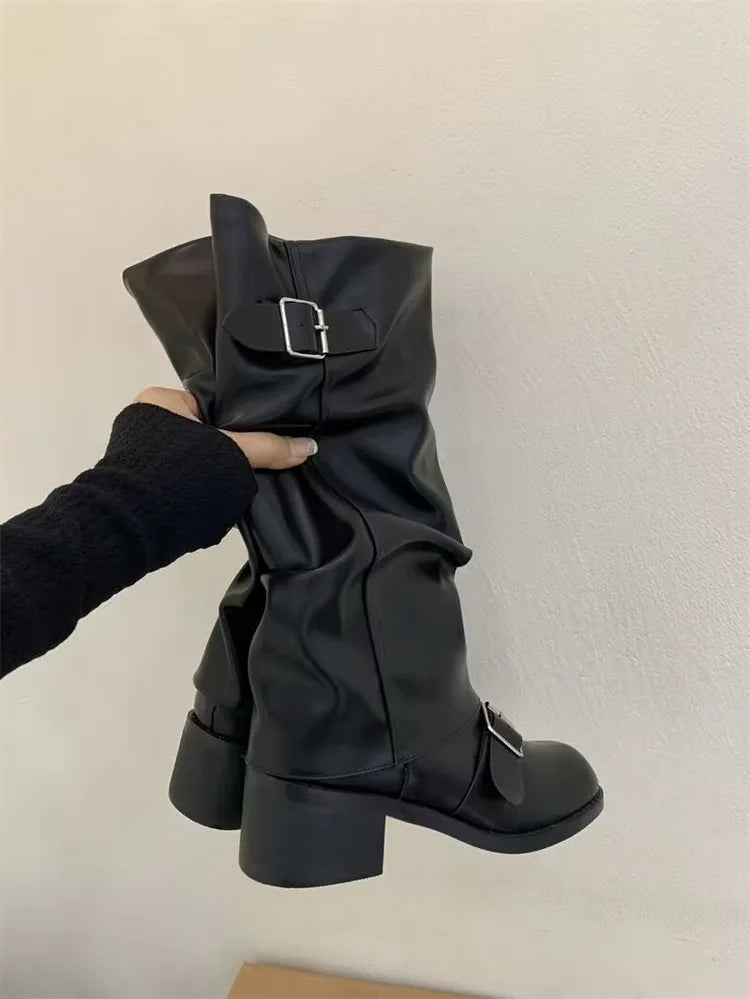 Rock Women Boots Punk Ladies Shoes Women Buckle Knight Boots Motorcycles Boots Woman Slip-On Thick Heel Riding Botas Mujer 2024