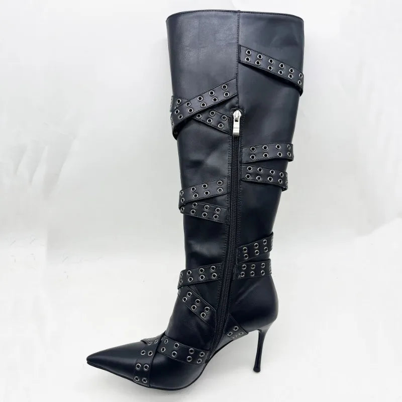 Brand Cross Strap Riveted Retro Silvery Knee High Boots New Spicy Girl Pointed High Heel Motorcycle Boots Fashion Women Shoes