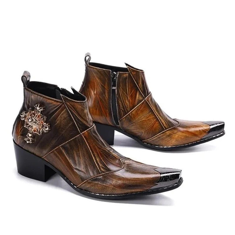 Western men's booties leather shoes pointy brown leather ankle boots men's zipper 6.5cm high heels motorcycle shoes