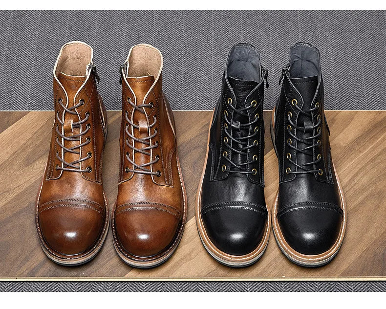 EU Size 38-44 Motorcycle Boots Men Cowhide Motorbike Ankle Boots Thick Soled High Top Western Work Boots Fashion Leather Shoes