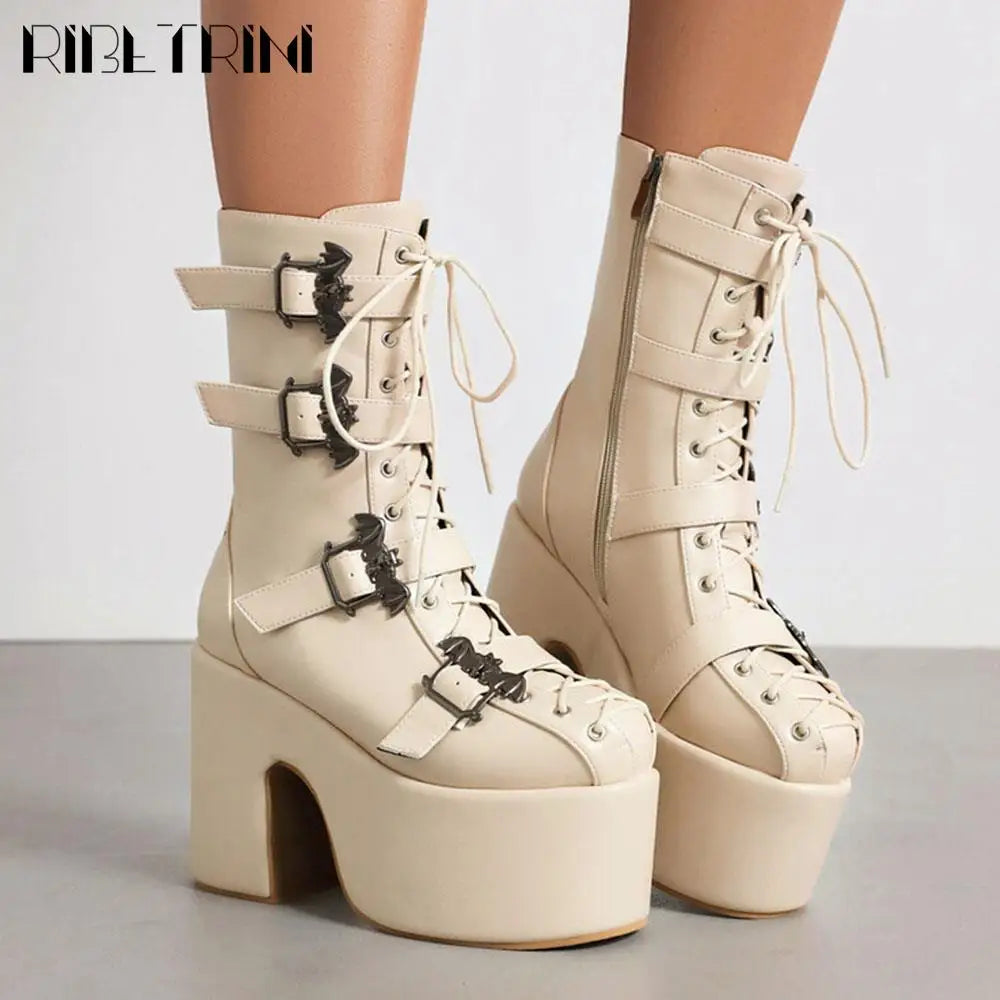 Punk Goth Women Motorcycle Boots Block High Heels Platform Shoes  Woman 2024 New Brand Luxury Fashion Design Cool Street Boots