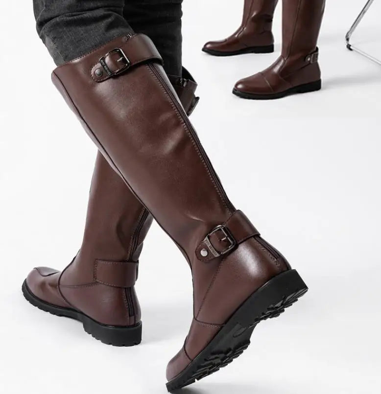 New Arrival Black Long Knee Boots Men Round Toe Buckle High Top Casual PU leather Shoes Man Motorcycle Boots Size 37-46