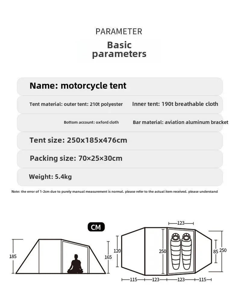 YOUSKY Motorcycle Touring Tent Waterproof Windproof 1-2 Person Camping Tent for Outdoor Riding and Road Trip
