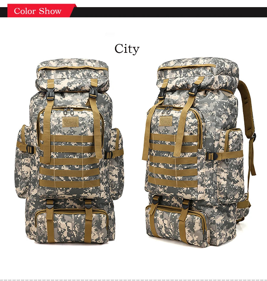 80L Waterproof Molle Camo Tactical Backpack Military Army Hiking Camping Backpack Travel Rucksack Outdoor Sports Climbing Bag