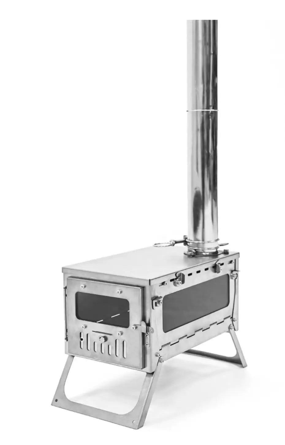 Stainless Steel Portable Tent Stove Foldable with Side Glass Chimney Burner Camping Wood Stove Heating Cooking Grill