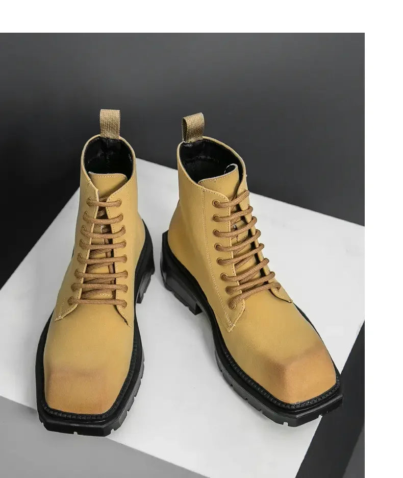 Large Men's Autumn High Top Casual British Motorcycle Shoes, Retro Trendy Brand Height Increasing Big Head Leather Boots