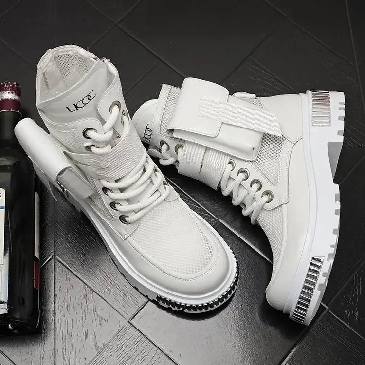 2025 New Men's Thin High-Top New Mid-Calf Motorcycle Height Increasing Insole Summer Ankle Boots Hollow out