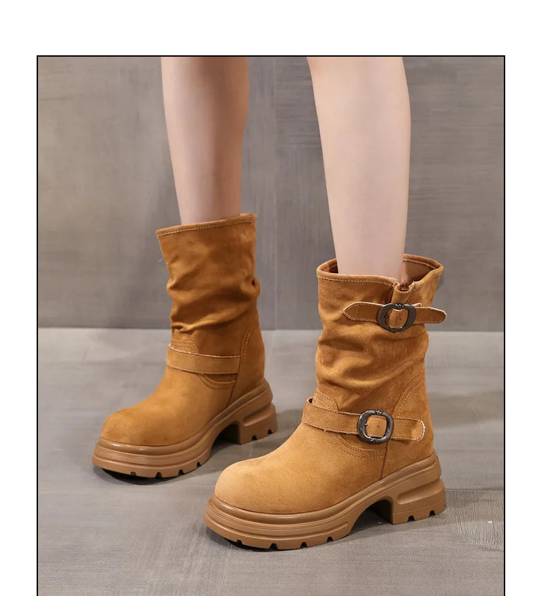 Fujin 9cm Leather Women’s Platform Ankle Boots Booties, Chunky Motorcycle Style Casual Streetwear Fall Winter Fashion Shoes