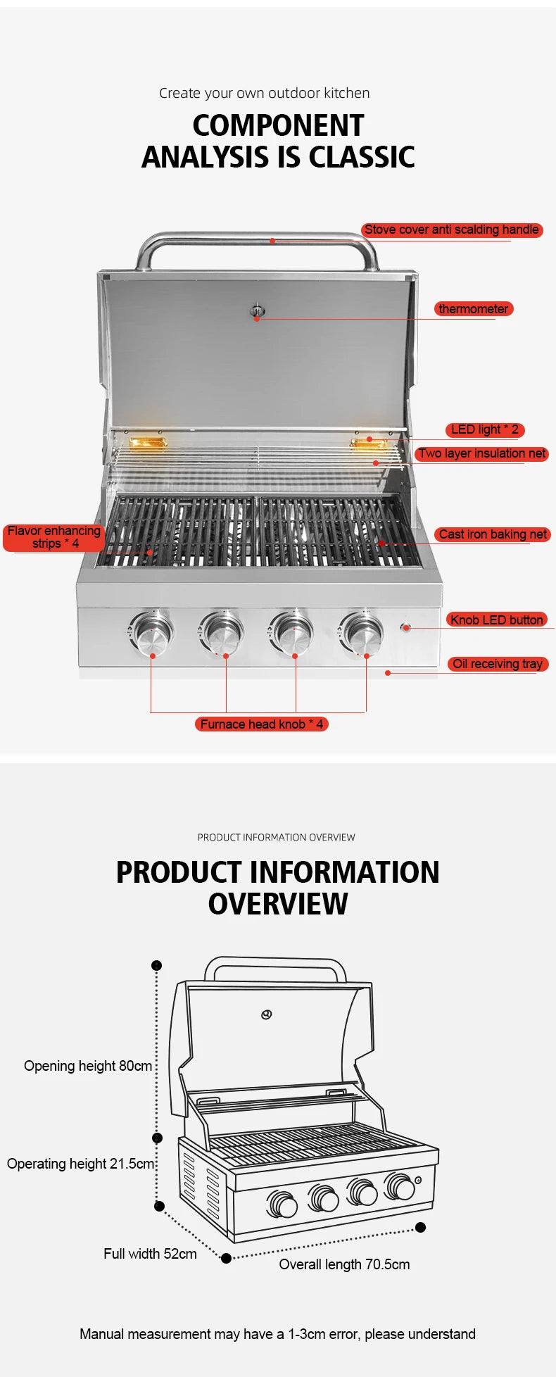 Factory Supply Outdoor Kitchen Professional Stainless Steel 4 Burner Built-in BBQ Gas Grill