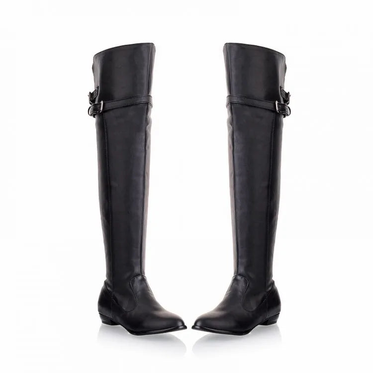 2024 Winter Elegant Women's Boot Over The Knee Street Style Knight 2.5CM New Belt Buckle Knee High Flat Knight Boots Women Shoes