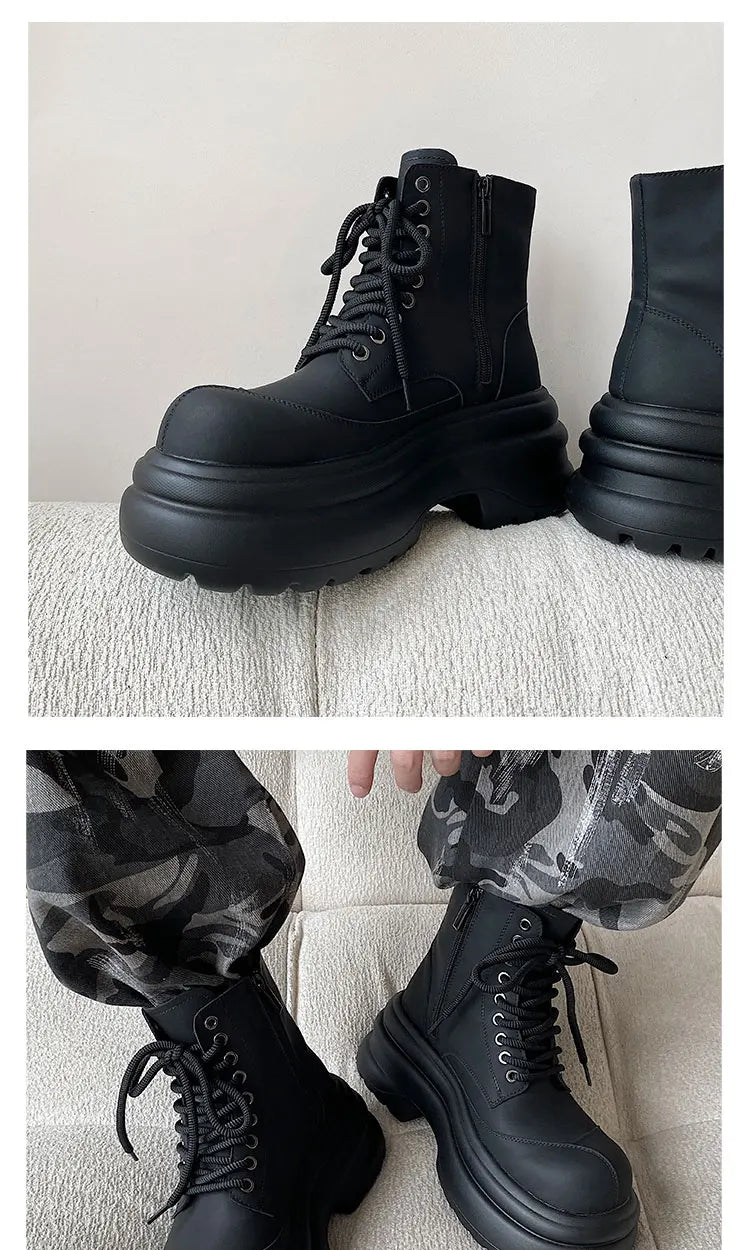 Black boots for men thick sole 7CM height increase high top motorcycle boots trendy and fashionable outdoor workwear shoes