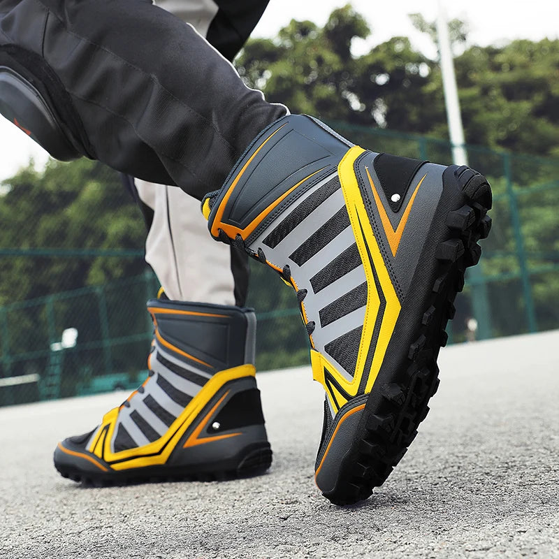 Men's Motorcycle Boots New Breathable Stripe Motos Riders Shoes Outdoor Motocross Protective Boots Hiking Non-slip Sports Shoes