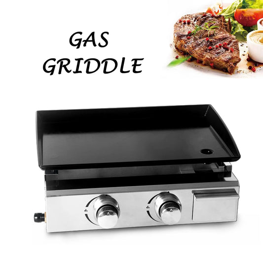 2 Burners Grill LPG BBQ Griddle for Commercial Non-stick Iron Plate Enamel Cooking Barbecue Steak Outdoor Grill Camping Cooking