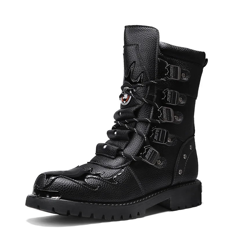 Men Motorcycle Boots Fashion Mid-Calf Punk Rock Punk PU Leather Black High Top Mens Casual Boot Steel Toe Shoes Big Size 38-46