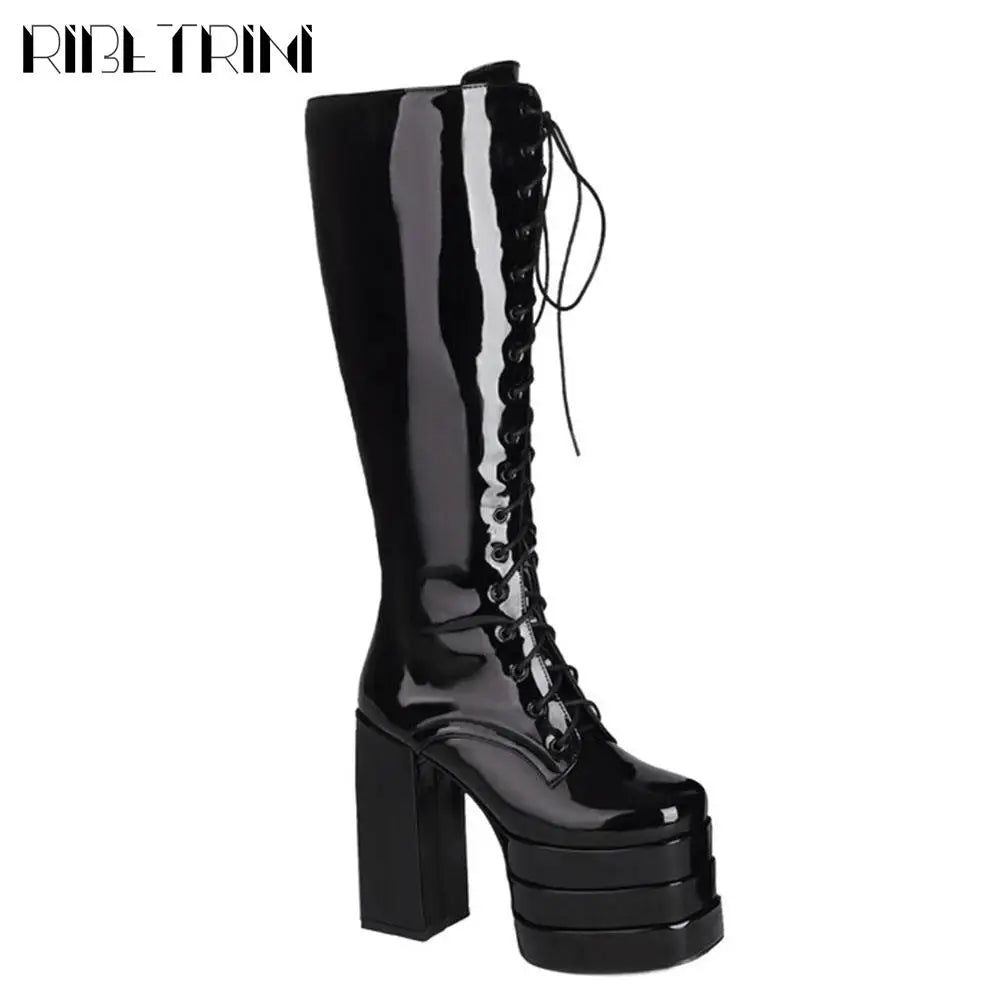 Cool Women Motorcycle Boots High Heeled Knee High Sassy Platform Shoes Lace Up Zip Luxury Designer Brand Winter Street Booties