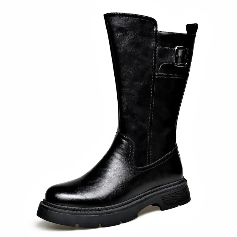 Tall Boots for Men Made of Leather with Increased Height and Soft Sole Western Cowboy Plush Insulation Knight Ankle Riding