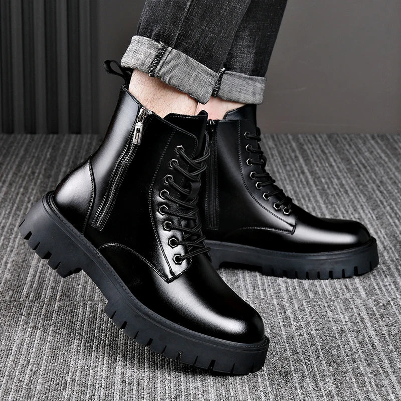 Retro Casual PU Leather Mens Motorcycle Boots Fashion Winter Plush Snow Boots Comfortable Leather High Top Shoes Man Warm Botas