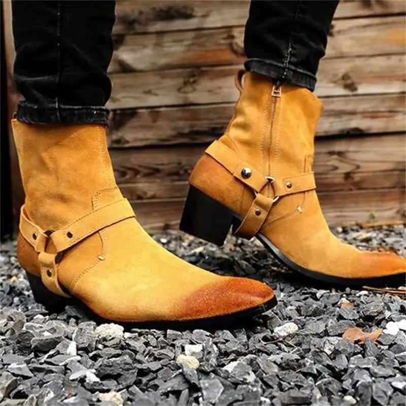 Brown Men Chelsea Boots Handmade High-quality Cow Suede Business Casual Square Toe Mid-heel Men Shoes Motorcycle Boots With Heel