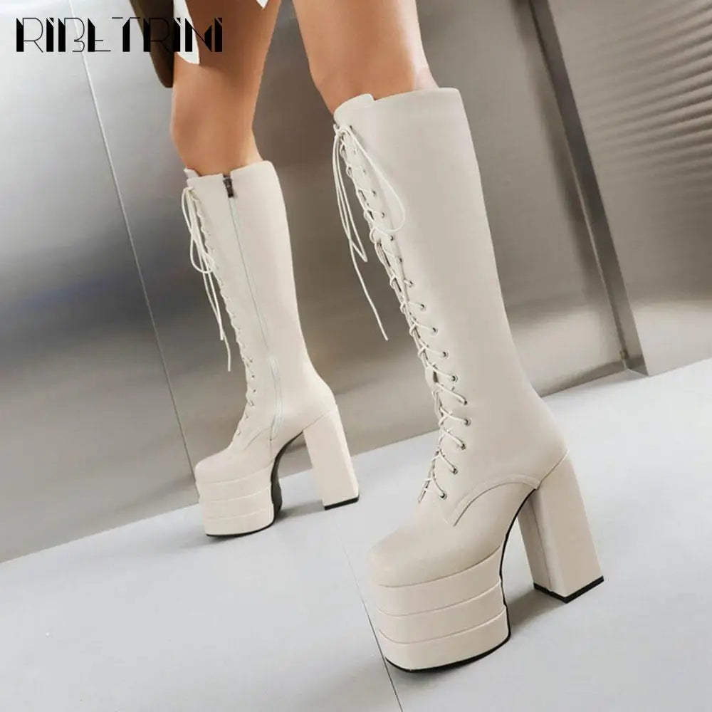 Cool Women Motorcycle Boots High Heeled Knee High Sassy Platform Shoes Lace Up Zip Luxury Designer Brand Winter Street Booties
