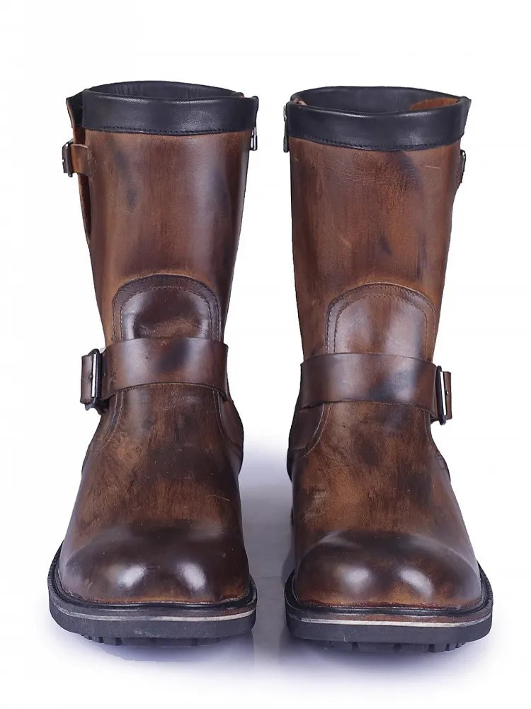Vintage Mens Cowhide Genuine Leather High Top Engineer Boots Buckle Round Toe Motorcycle Riding Boots Zipper Work Safety Shoes