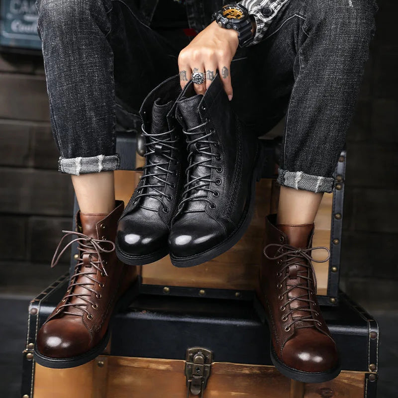 Retro Men Boots Handmade Toe Polish Men Ankle Boots Casual Leather High-top Shoes Platform Motorcycle Booties New Bota Masculina