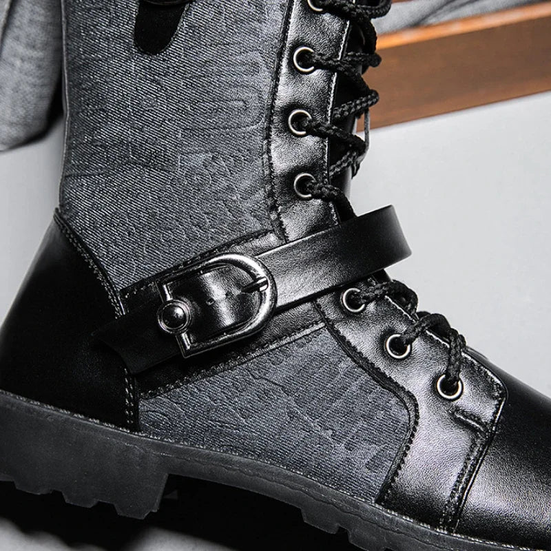 2024 Retro Men's Punk Boots Fashion Street Men Motorcycle Boots Luxury Buckle Strap Tooling Shoes Denim Mid-high Men Army Boots