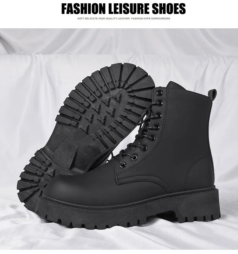 Black Leather Boots for Men High Top Platform Lace Up Light Fashion Motorcycle Boots British Style Men's Waterproof Casual Boots