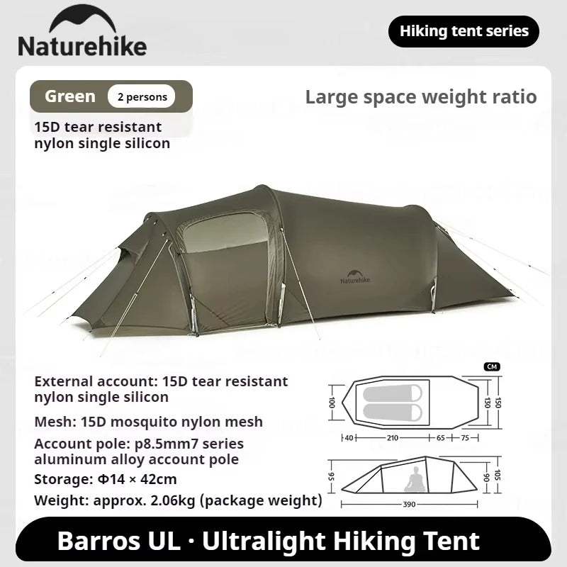 Naturehike Opalus UL Tent Lightweight Outdoor Hiking Camping Glamping Large Space Tunnel Tent for 2-3 Person 4 Season Travel