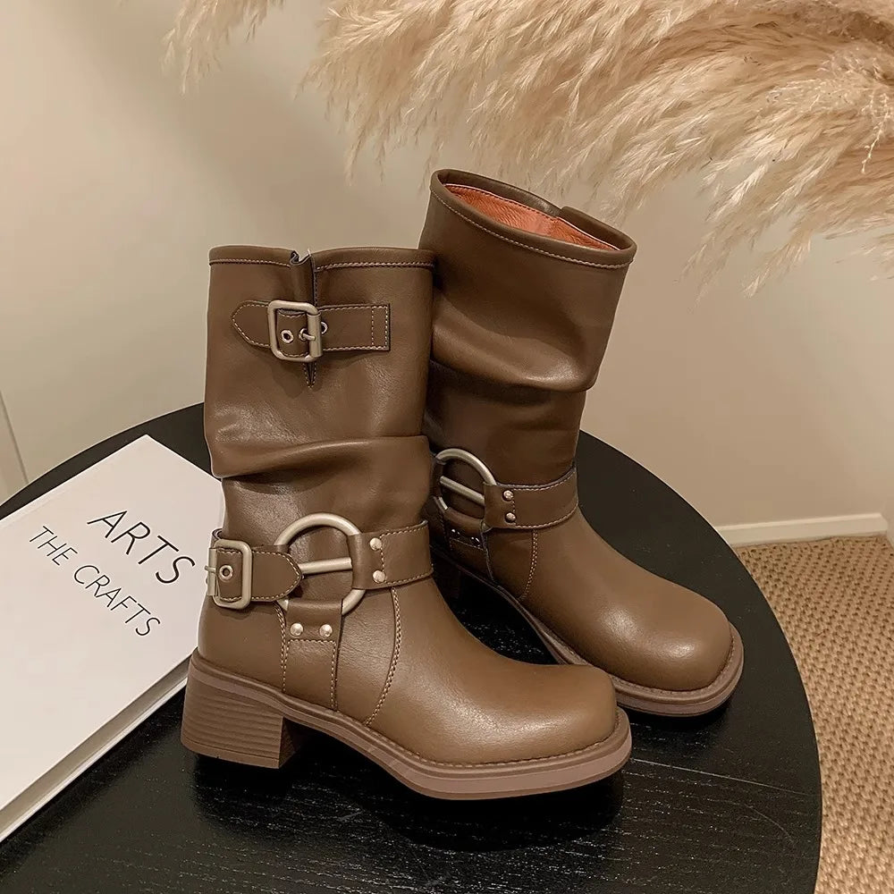 Fashion Buckle Motorcycle Boots Women Round Toe Med Heels Ankle Boots Woman 2024 Pu Leather Square Heel Autumn Platform Shoes
