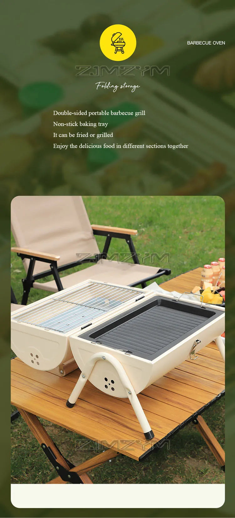 Double Sided Charcoal Grill Multi-Functional Portable Outdoor BBQ Grill Roasted Fried Chimney Stove For Cooking Camping Picnics