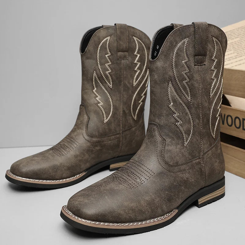 Western Style Cowboy Chelsea Boots Vintage Mid-calf Boots Pointed Toes Classical Shoes Genuine Leather Worker Winter Booties