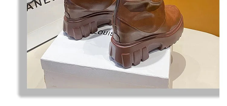 9CM Women Mid Calf Boots Autumn Winte Soft Leather Motorcycle Boots High Platform Square Heels Ladies Chunky Shoes Botas Mujer