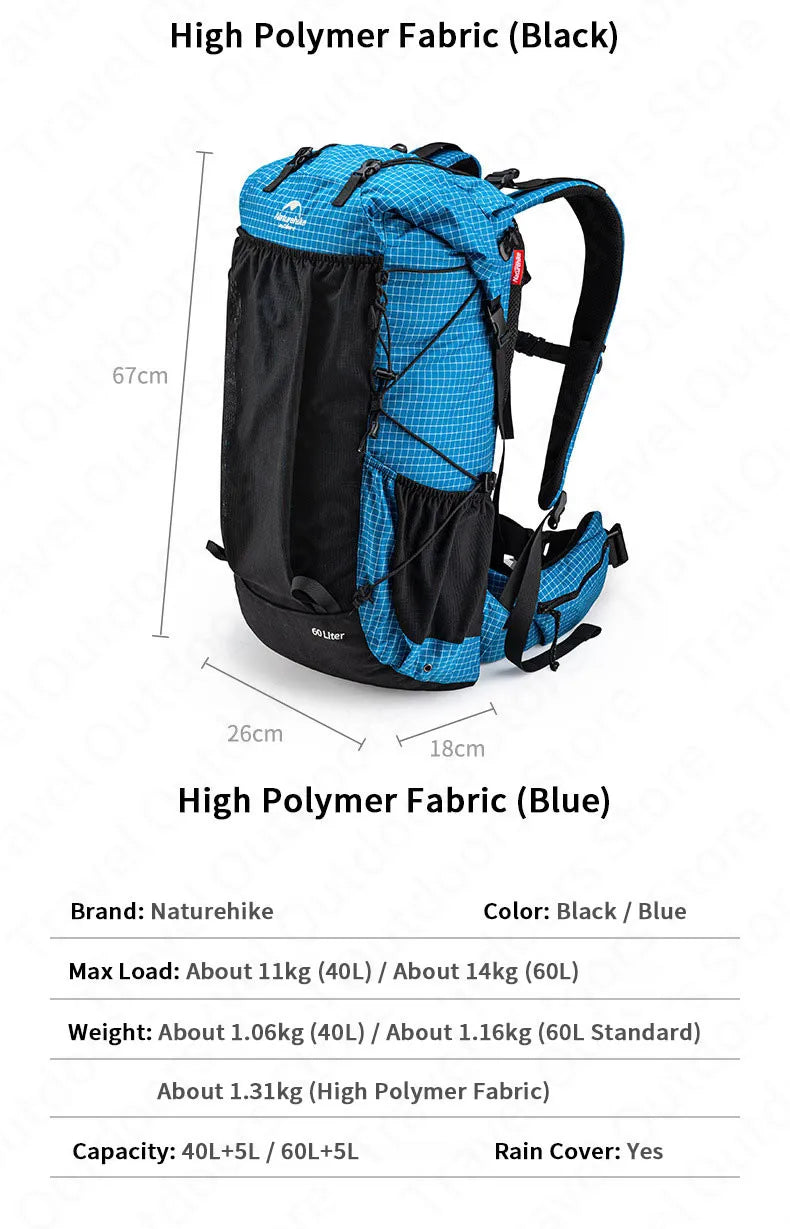 Naturehike Camping Backpack 40/60L + 5L Ultralight Hiking Outdoor Mountaineering Waterproof Travel Climbing Bag With Rain Cover