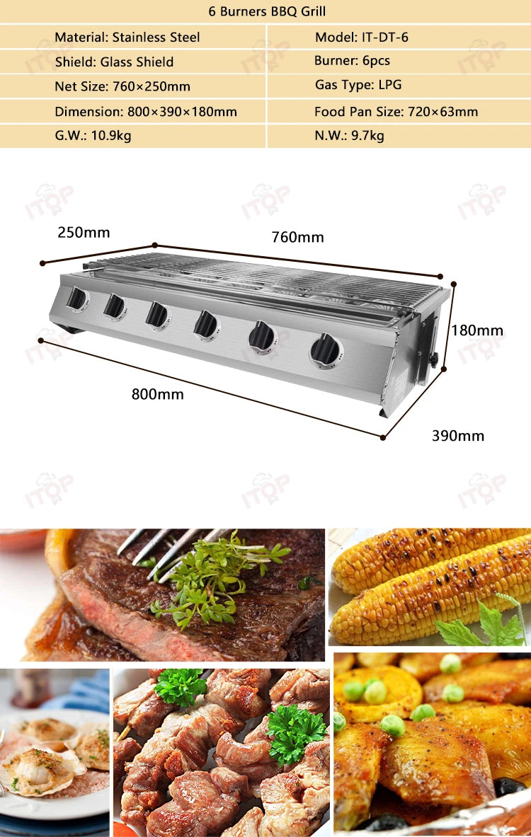 6 Burner Tabletop Barbecue Grill Smokeless Bbq Gas Grill Stainless Steel Automatic Barbecue Grill Machine