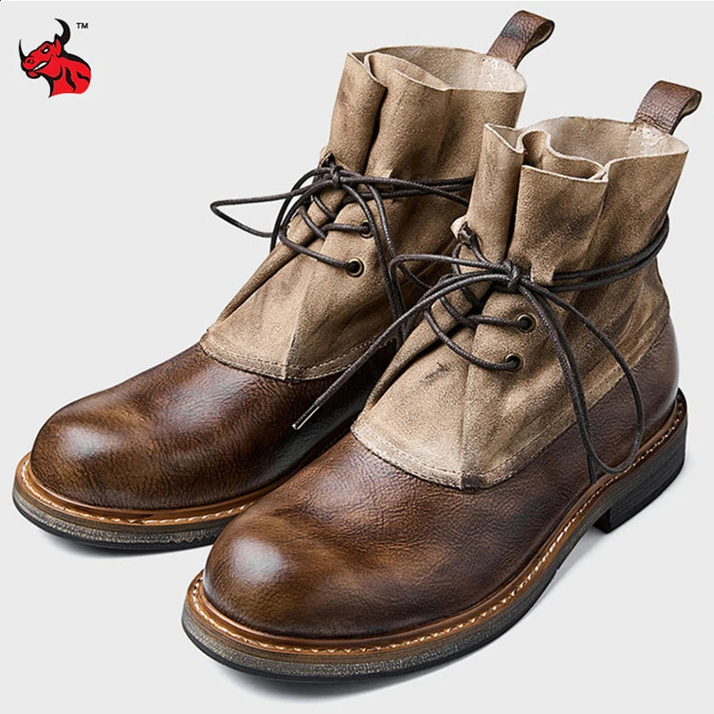 Retro Cowhide Motorcycle Boots Men Quality Breathable Motorbike Leather Boots Wear Resistant Moto Riding Shoes Summer Winter