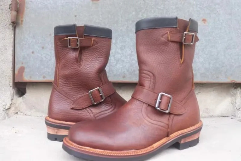 Vintage Mens Cowhide Genuine Leather High Top Engineer Boots Buckle Round Toe Motorcycle Riding Boots Zipper Work Safety Shoes