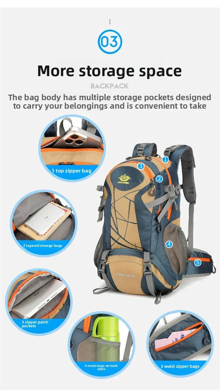 Mountaineering backpack 40 liters men's and women's outdoor sports bag waterproof camping hiking rain