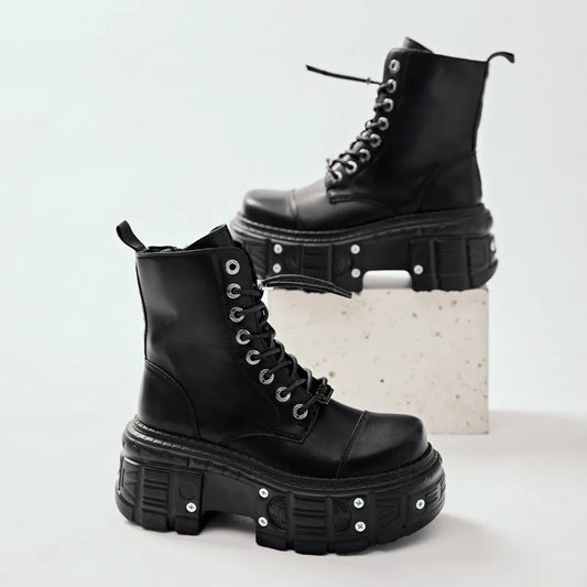 Women Omet Dark Motorcycle Heavy Metal Platform Cross-border Boots 2024 Spring New Female Punk Small Leather Men Shoes
