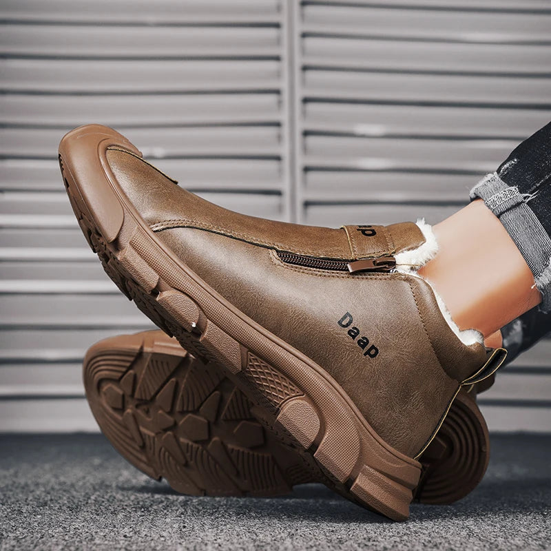 2025 High Top Men's Winter Shoes Comfortable Black Fluff Boots Men Warm Plush Leather Casual Sneakers Men Work Motorcycle Boots