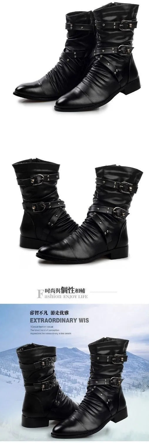 Winter Pointed Toe Men's Mid-calf Boots Buckle Strap Chelsea Boot for Men Leather Mens Motorcycle Boots High Top Man Winter Shoe
