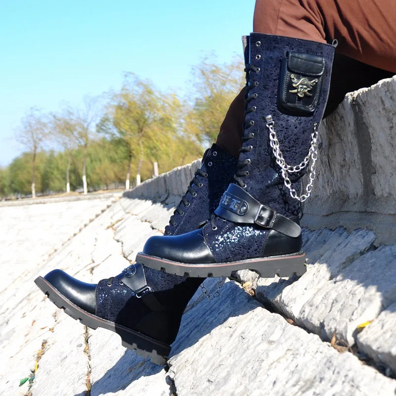 Men Motorcycle Boots  Knee High Boots Low Heels Knight Shoe man Vintage Boots male zapatos,Combat Boots Gothic Skull Punk Boots