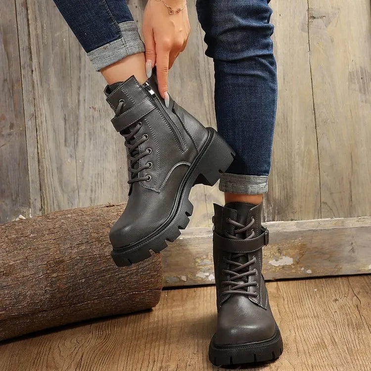 Platform Women Boots Fashion High Quality Women Ankle Boots Retro Round Toe  Motorcycle Boots Punk Style Women Shoes Botas Mujer