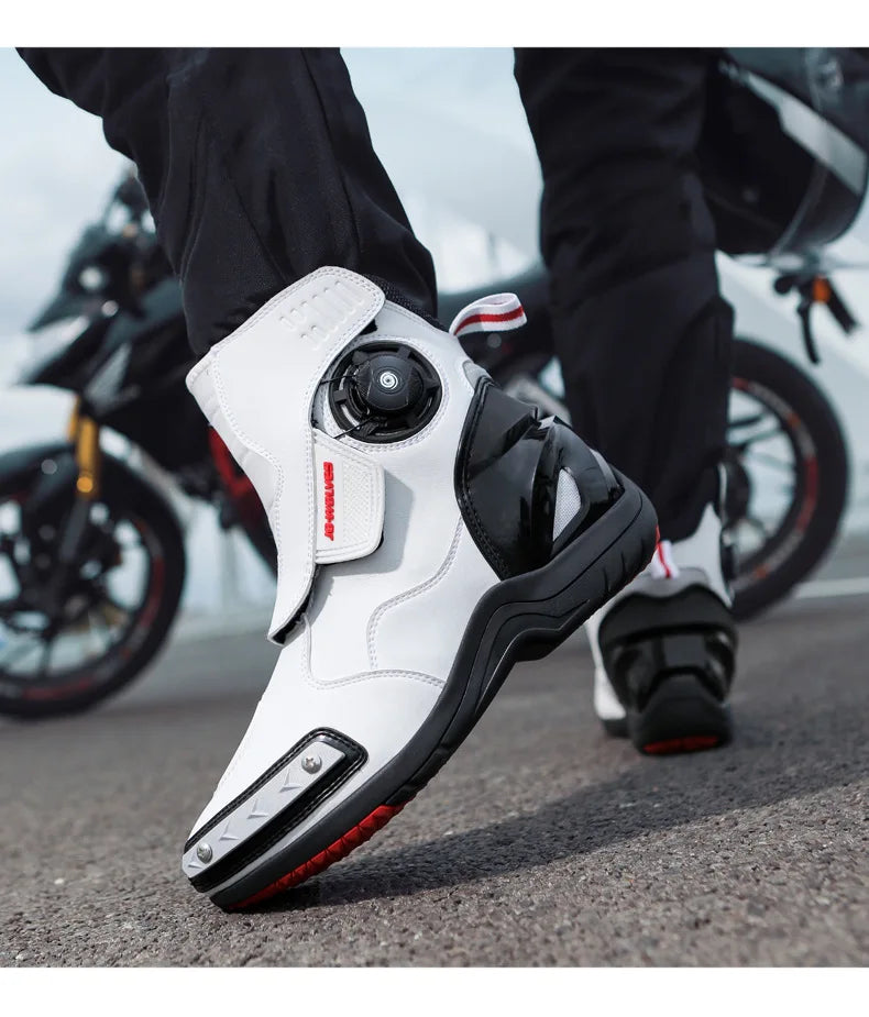 Motorcycle Boots Man Waterproof Studded Boots Hook and Loop Fasteners Wear-Resistant Motorcycle Shoes Anti-Slip Anti-Fall