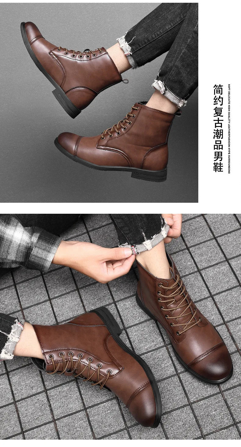 2024 Autumn and Winter New Fashion Pointy Retro Leather Boots High Top British Casual Men's Shoes Large Size 38-48