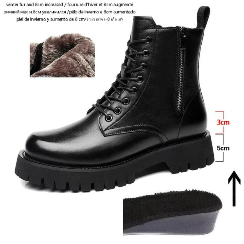 Men's Height Increasing Boots - 8CM Hidden Heel Leather Ankle Boots with Zipper | Elevator Shoes (Botas Masculino)