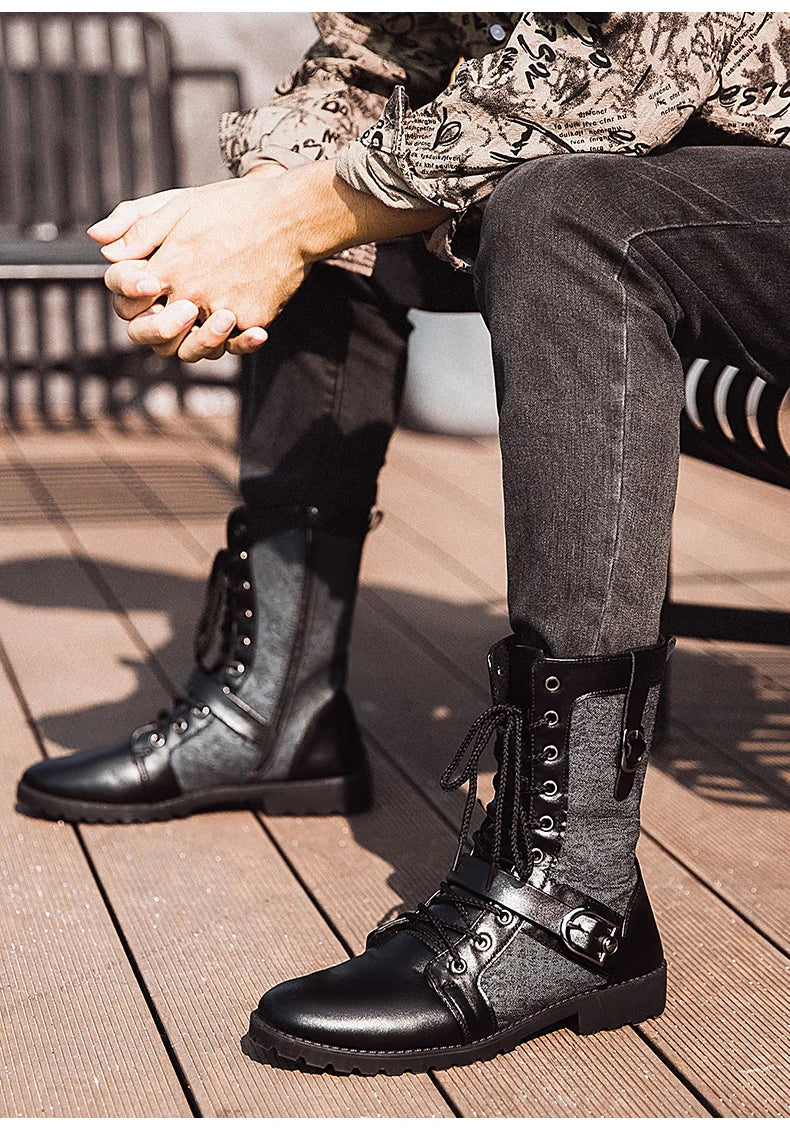 2025 Fashion Man Ankle Boots Lace Up  Platform Leather Shoes Motorcycle Retro Boots Britain Warm Male Platform Mid Calf Boots