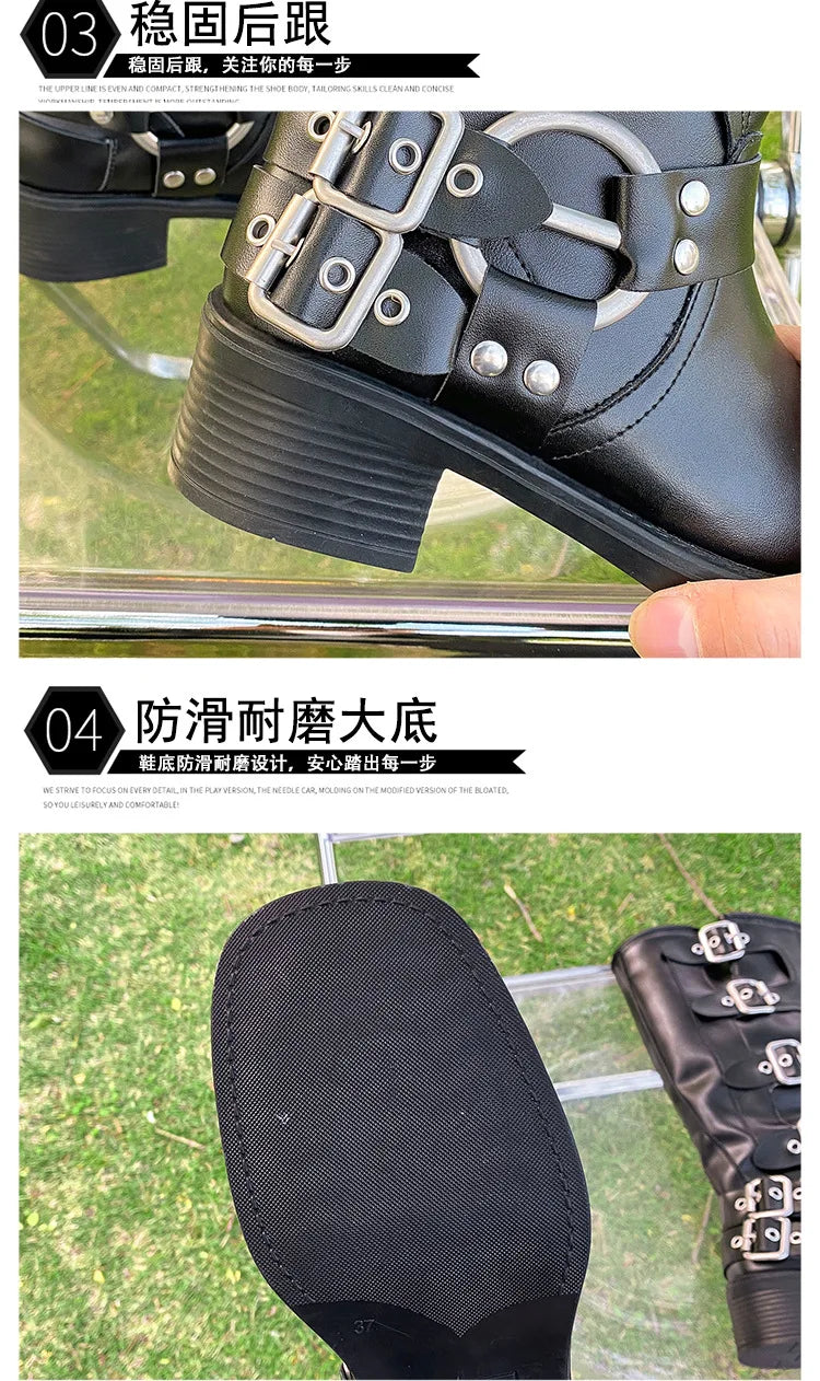 Women's High Platform Boots Metal Buckle Thick Heel Motorcycle Boots Vintage Soft Leather Punk Boot Brown Leather Knight Boot