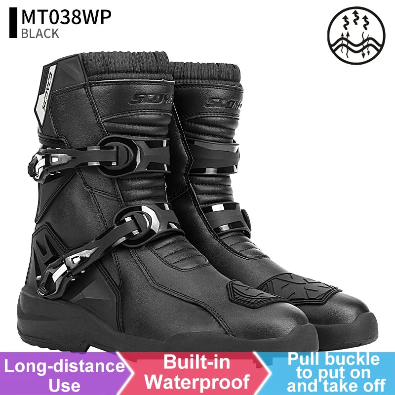 SCOYCO Motorcycle Protective Boots Men Waterproof Enduro Motorcyclist Shoes TPU Leather Anti-slip Motocross Rally High Top Boots