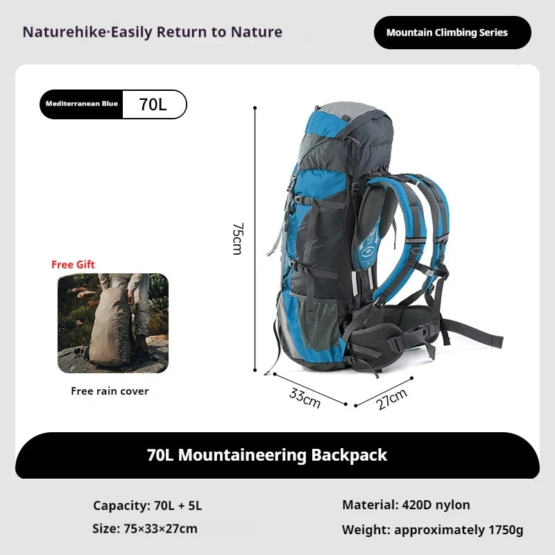 Naturehike 70+5L Backpack Camping Hiking Trekking Backpacking Lightweight Travel Bag With Aluminium Alloy Frame Waterproof Cover